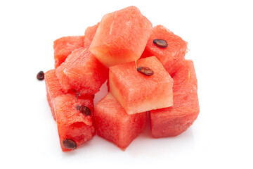 Close-up of Watermelon (Citrullus Lanatus) fruit Cubes. Isolated on a white background.