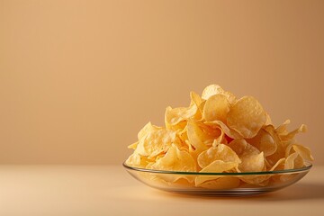 A clear glass plate filled with crispy potato chips on a light orange background, emphasizing their crunchy texture and golden color. Advertising shot with copy space.