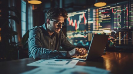 Entrepreneur analyzing stock market trends on a laptop, with documents and graphs spread on the desk,emphasizing the significance of secure investment