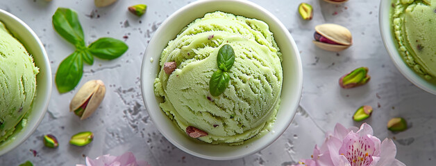 Obraz premium Wide banner photo of delicious scoop of creamy green color pistachio ice cream sorbet on an icecream cup with nuts and pieces around in white background
