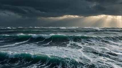 Stormy seascape with stormy sea waves and sun rays