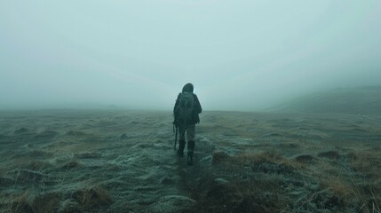 A man is walking through a foggy field with a backpack