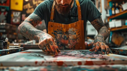 Tattooed individual working on t-shirt printing in a small creative studio.