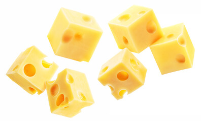 Cheese cubes with holes levitating in air on white background. File contains clipping paths.