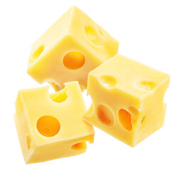 Emmental cheese cubes with holes on white background. File contains clipping path.
