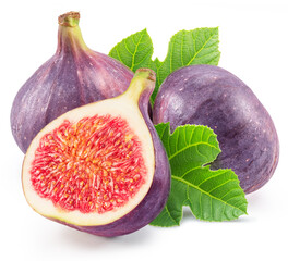 Fig fruits with fig leaves and slices of fig isolated on white background.
