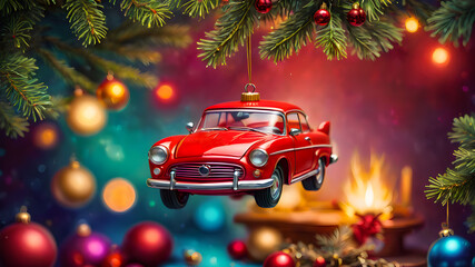 A New Year's toy red car hangs on a branch of the New Year tree. christmas holiday concept