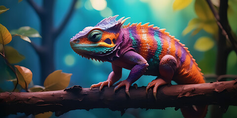 Rainbow Colour Chameleon closeup at plain Teal background ,Chameleon Sitting ,nature ,reptile ,lizard ,dragon , animal ,green , branch ,illustration.