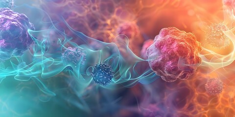 Vibrant tumor cell surrounded by immune cells in a dynamic cellular environment. Concept Cancer Immunology, Tumor Microenvironment, Immune Cells, Tumor Cells, Cellular Dynamics