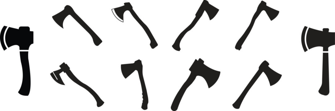 Set of Wooden Fill axe icons. Elements for business woodworking or lumberjack emblems or icons. Builder construction metal axes with handles collection made of wood isolated on Transparent background.