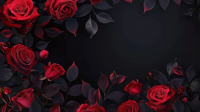Black background with more red roses at the bottom of the frame.