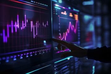 A hand pointing at stock market charts on an interactive screen, surrounded by glowing data points and graphs
