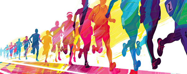 A colorful illustration of marathon runners in motion, showing dynamic energy and diversity with bright hues and abstract shapes, symbolizing athleticism and unity in sports