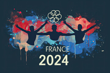 Text "France 2024" artistic design with silhouettes of athletes and paint splashes