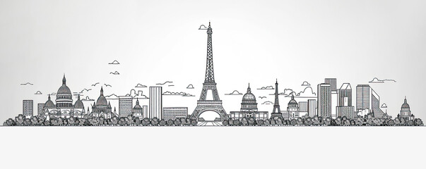 Detailed black and white illustration of Paris skyline with iconic landmarks, including the Eiffel Tower