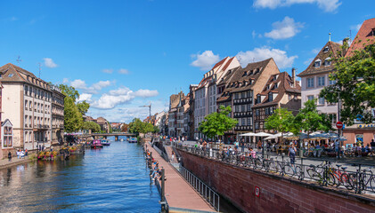 Le Petite France, the most picturesque district of old Strasbourg. Houses along the Ill river...