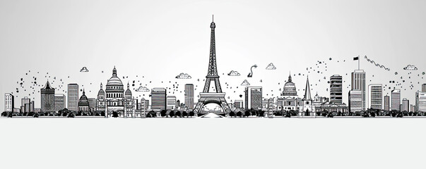 Simple line art of Paris skyline featuring the Eiffel Tower and other landmarks in black and white