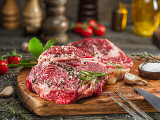 Raw beef steaks with herbs and spices ready for cooking are on wooden board.