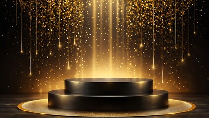 Black product display podium with luxury gold sprinkling decoration elements. Black luxury background.