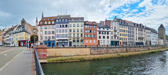 Le Petite France, the most picturesque district of old Strasbourg. Houses along the Ill River channel.