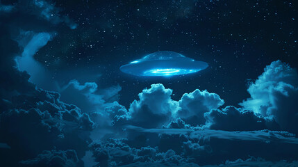 A flying UFO vehicle with an alien against the sky