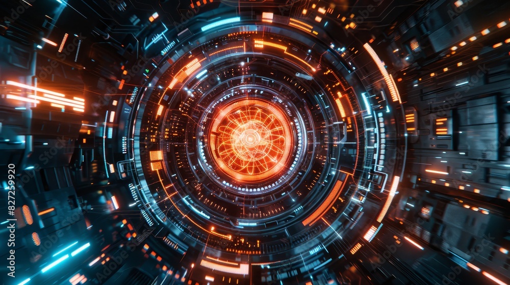 Wall mural digital interface of a hyperdrive core in operation, top view viewing operational data on a holograp
