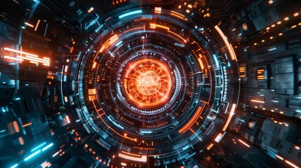 Digital interface of a hyperdrive core in operation, top view  Viewing operational data on a holographic display operational data  digital tone  Splitcomplementary color scheme
