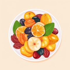 Colorful illustration of assorted dried fruits on a white plate with a light background, featuring vibrant oranges, bananas, and dates.
