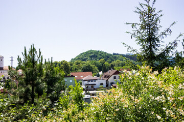 multi-colored roofs of houses in the private sector, greenery, architecture, small town,  mountains, forest