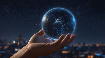 "Hands cradle a glowing, translucent globe with golden light connections, against a warm, urban bokeh background. The image evokes global connectivity, technology, and a cinematic future."