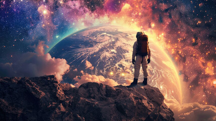 Fototapeta premium A person standing on top of a mountain, gazing down at the Earth below