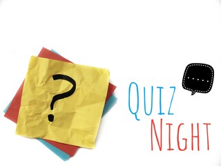 Colorful Trivia Night poster: A yellow sticky note with a black question mark is set against a white background, next to the words "Quiz Night" and a copy space to write your text