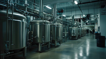 A large industrial room filled with numerous metal tanks of various sizes and shapes