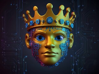 Regal king emoji crowned with a symbol of artificial intelligence, representing innovation, technology, and futuristic leadership