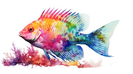 A beautiful watercolor painting of a tropical fish. The fish is bright and colorful, with a long, flowing tail. It is surrounded by colorful coral reefs.