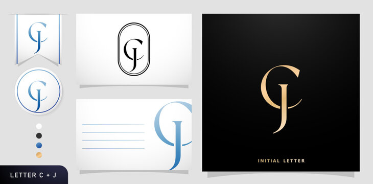 a set of business cards with the letter CJ Luxury Initials Letters C and J Logos Designs in Blue Colors for branding ads campaigns, letterpress, embroidery, covering invitations, envelope sign symbols