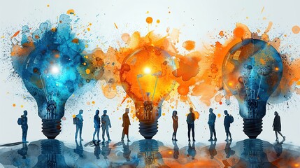 A drawing of businesspeople exchanging ideas in a lightbulb, representing innovative collaboration.