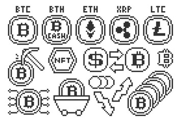 Set of Cryptocurrency in Pixel Style. Currency dollar, bitcoin, ethereum, ripple, NFT, litecoin and coin. Vector illustration