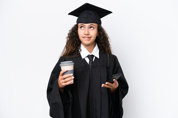 Young university graduate Arab woman isolated on white background holding coffee to take away and a...