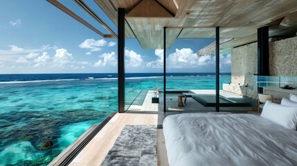 Luxurious bright bedroom overlooking the blue ocean