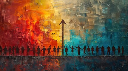 An abstract painting of a team lifting a large arrow upward, representing collective progress.