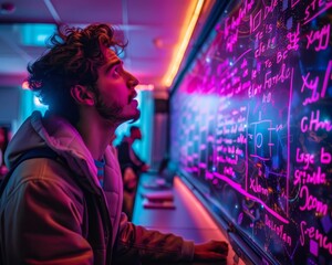 A mathematics class where AI tutors provide personalized help and challenges to each student based on their skill level, blacklight effect