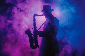 Fototapeta premium A moody, noirstyle record cover with a silhouette of a jazz musician playing a saxophone in a smoky room, blacklight effect
