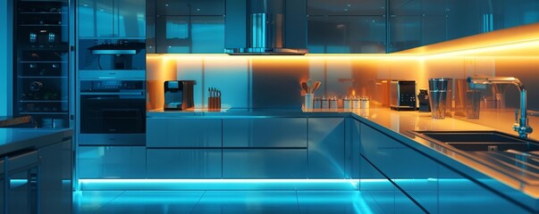 A modern kitchen with appliances and countertops finished in liquid chrome, under bright lights, knolling