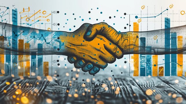 A drawing of a handshake in front of a bar graph, symbolizing business growth through partnership.