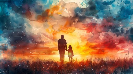Fototapeta premium a watercolor painting with a father and child silhouette against a sunset, depicting a heartwarming fathers day concept background