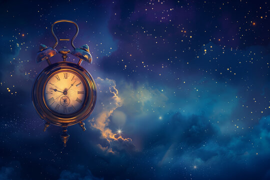old clock floating in the night sky with stars twinkling around it. The dark blue and purple background creates an atmosphere of mystery, while a soft yellow light shines on the cl