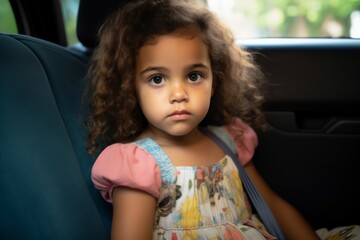 cute girl on car back seat, looking at the camera with a serious look
