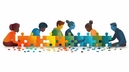 An illustration of a diverse team building a puzzle, symbolizing constructing a comprehensive strategy.