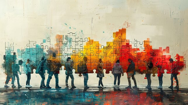 An illustration of a diverse team building a puzzle, symbolizing constructing a comprehensive strategy.